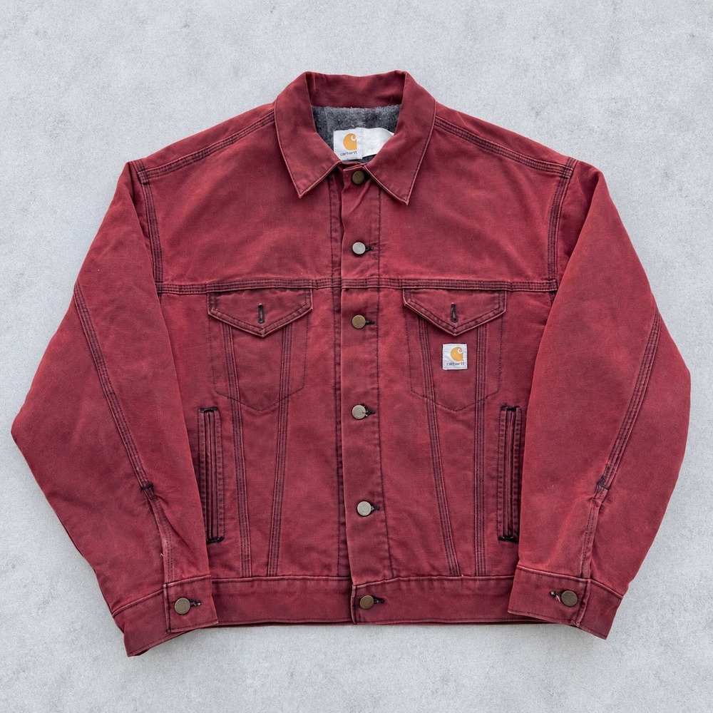 Vintage Carhartt RARE JB153 Port Blanket Lined Red Canvas Trucker Jacket Medium